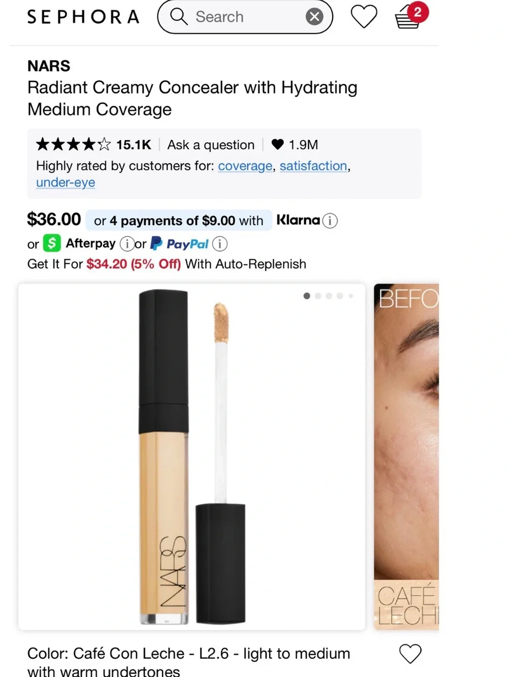 NARS Radiant Creamy Concealer — Light 2.0 Cafe Con Leche (light beige)